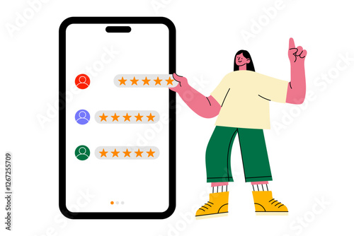 Modern cartoon vector of a happy user giving a five-star rating on a smartphone. Perfect for online reviews, customer feedback, e-commerce, business reputation, and app rating concepts.