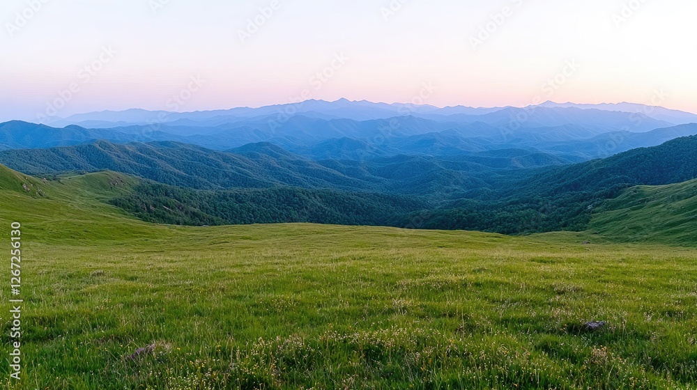 Obraz premium Green grassy meadow overlooks rolling hills and distant blue mountain ranges under a soft twilight sky.