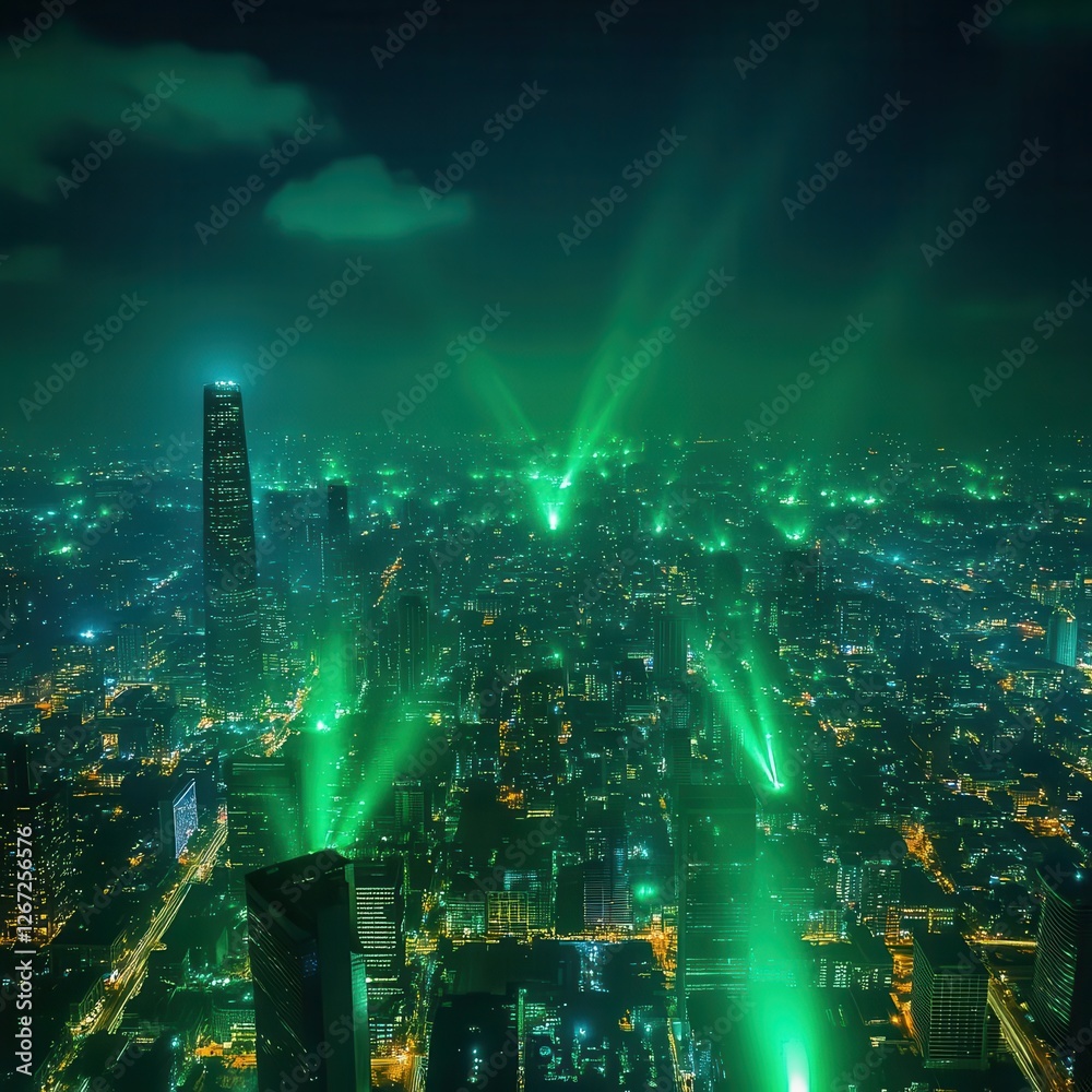 Obraz premium Create a cityscape with green lights