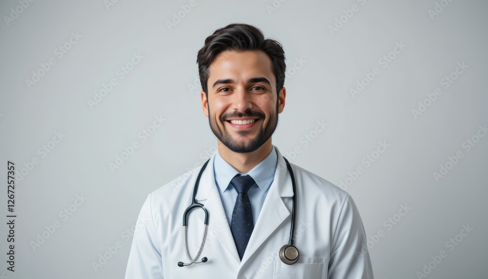 Confident male doctor in white coat with stethoscope, smiling warmly against a clean white background Confident male doctor in white coat with stethoscope, smiling warmly against a clean white background