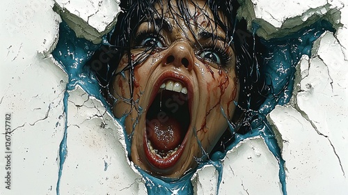 Woman screaming, breaking through wall, blue paint, horror movie poster