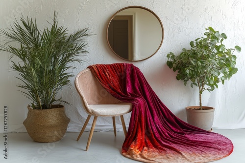 Elegant interior design: chair with red velvet throw and potted plants