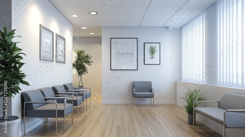 A modern doctor's office waiting room with a clean white wall, soft gray chairs, and elegant oak flooring. photo