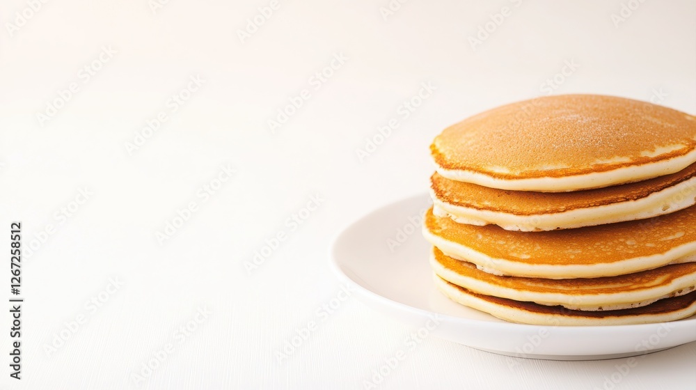 Stack of fluffy pancakes on a white plate against a minimalist backdrop. Stack of fluffy pancakes on a white plate against a minimalist backdrop.