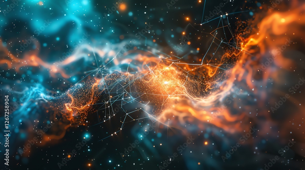 Abstract digital rendering of a network of lines and dots in blue, orange, and white with glowing lights.