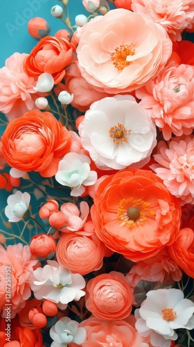 Vibrant Coral and White Flowers on Blue Background