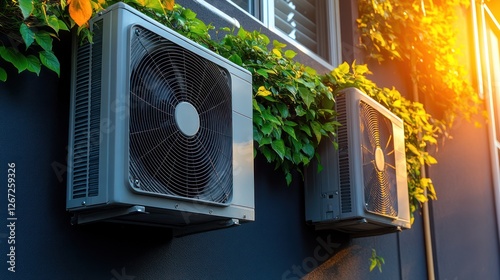 Dual outdoor AC units on building wall, sunny day, green foliage.  Use HVAC system marketing photo