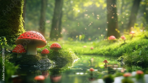 Mushrooms in the forest. Fairytale forest with green mushrooms and fairytale forest. A 3d rendering of a dreamy background illustration. Fungi in the lifestyle woodland. photo