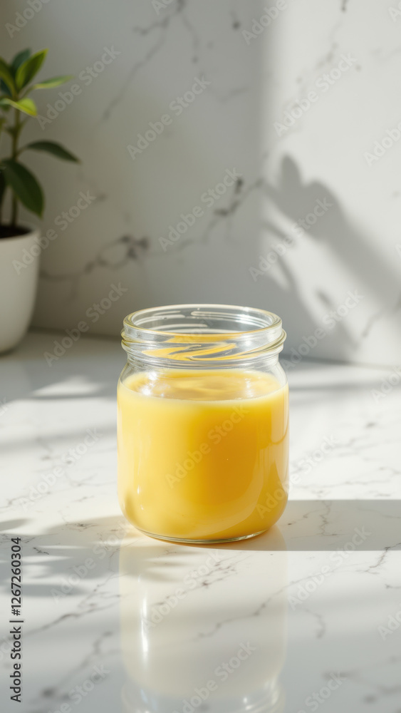 A jar of golden yellow liquid with a reflection on its surface, indicating it is beef tallow. A jar of golden yellow liquid with a reflection on its surface, indicating it is beef tallow.