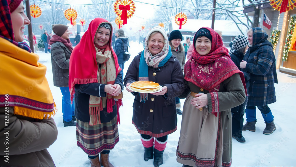 Obraz premium Women are dressed in traditional winter clothes. Women are smiling happily, holding plates of hot cakes in their hands