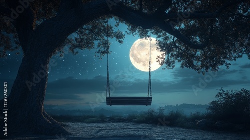 Swing under a starry sky illuminated by the moonlight in a tranquil outdoor setting