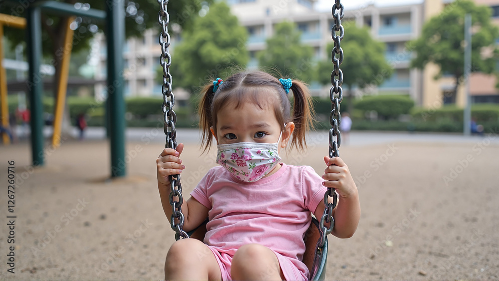 Child on Swing in Empty Schoolyard Due to Air Pollution Concerns Child on Swing in Empty Schoolyard Due to Air Pollution Concerns