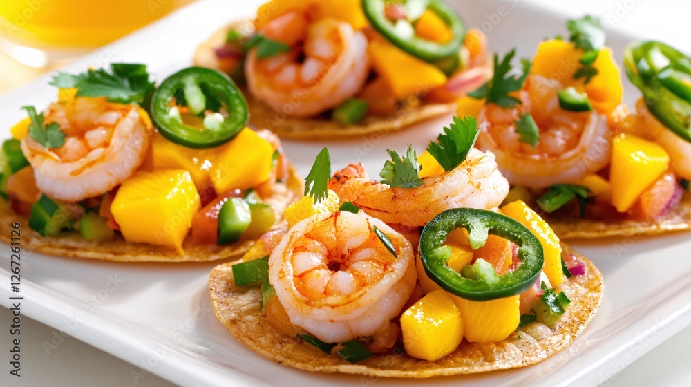 Delicious Shrimp Tostadas with Mango Salsa and Jalapeno on a White Plate Close Up View Delicious Shrimp Tostadas with Mango Salsa and Jalapeno on a White Plate Close Up View