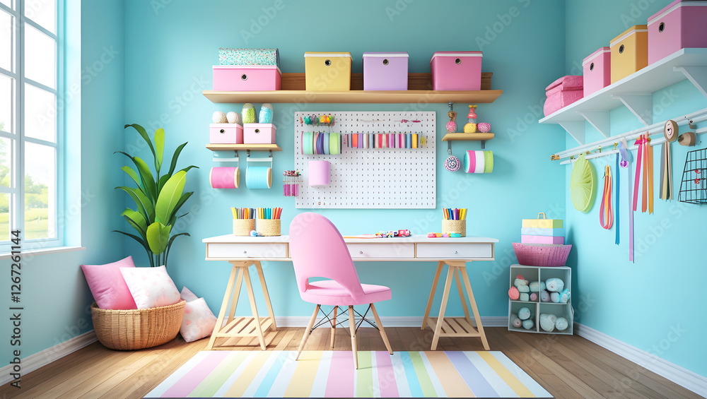 Fototapeta premium Organized Home Office Background with Pastel-Themed Storage