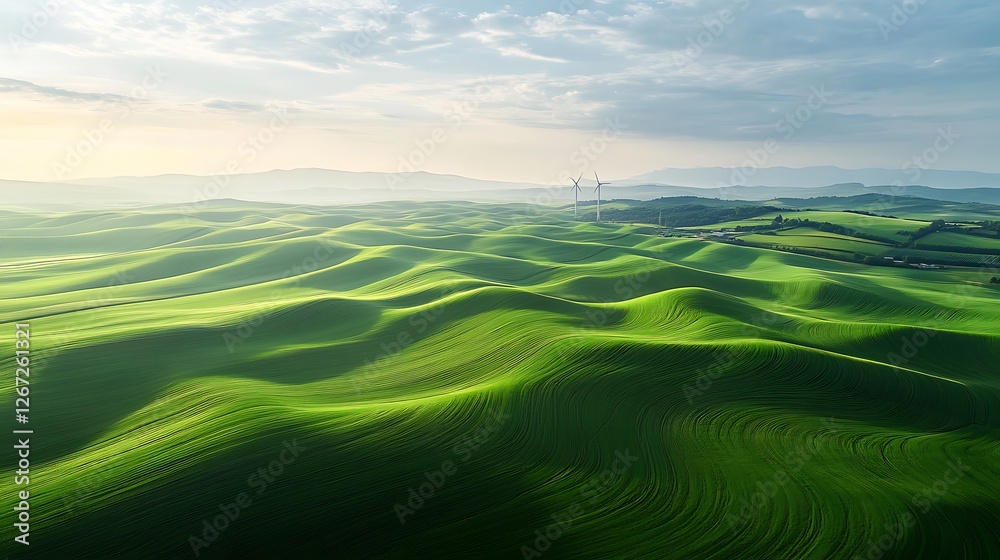 Fototapeta premium Aerial view of rolling green hills under a cloudy sky 