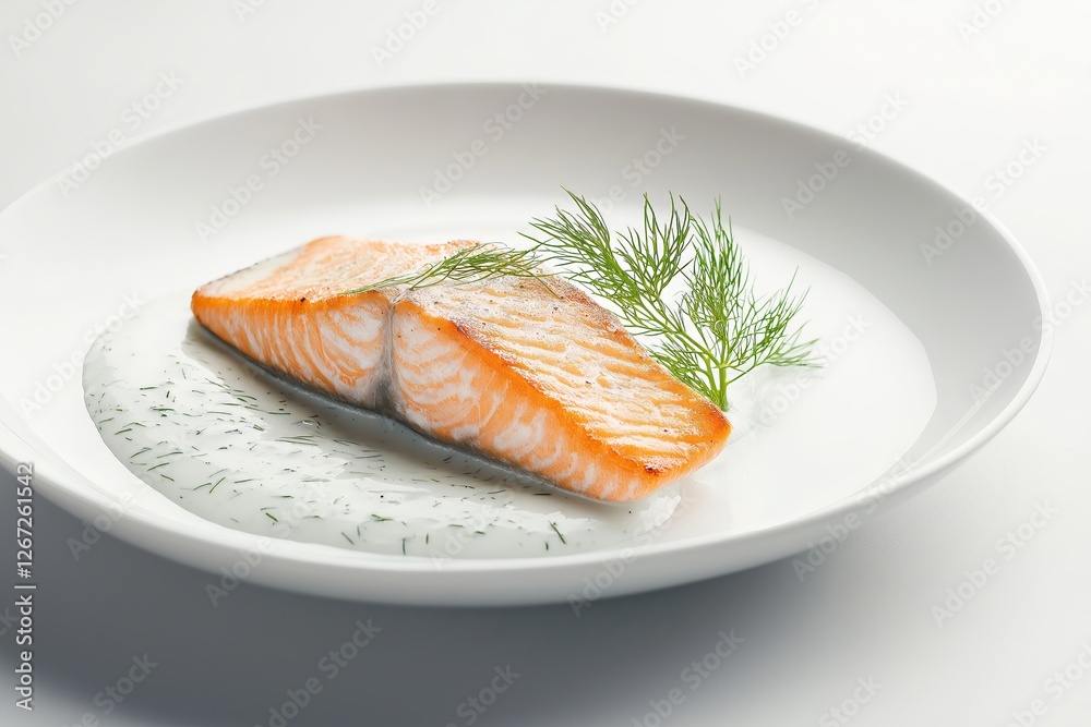 Delicious salmon with dill sauce presented elegantly on white plate, ideal for low-carb diet recipes. Concept showcases salmon with dill sauce, highlighting healthy meal options Delicious salmon with dill sauce presented elegantly on white plate, ideal for low-carb diet recipes. Concept showcases salmon with dill sauce, highlighting healthy meal options