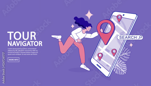Woman change of address. Folded map and location pin. restaurant is here. city map with pin pointer. We have moved. Search for places. Vector outline illustration.