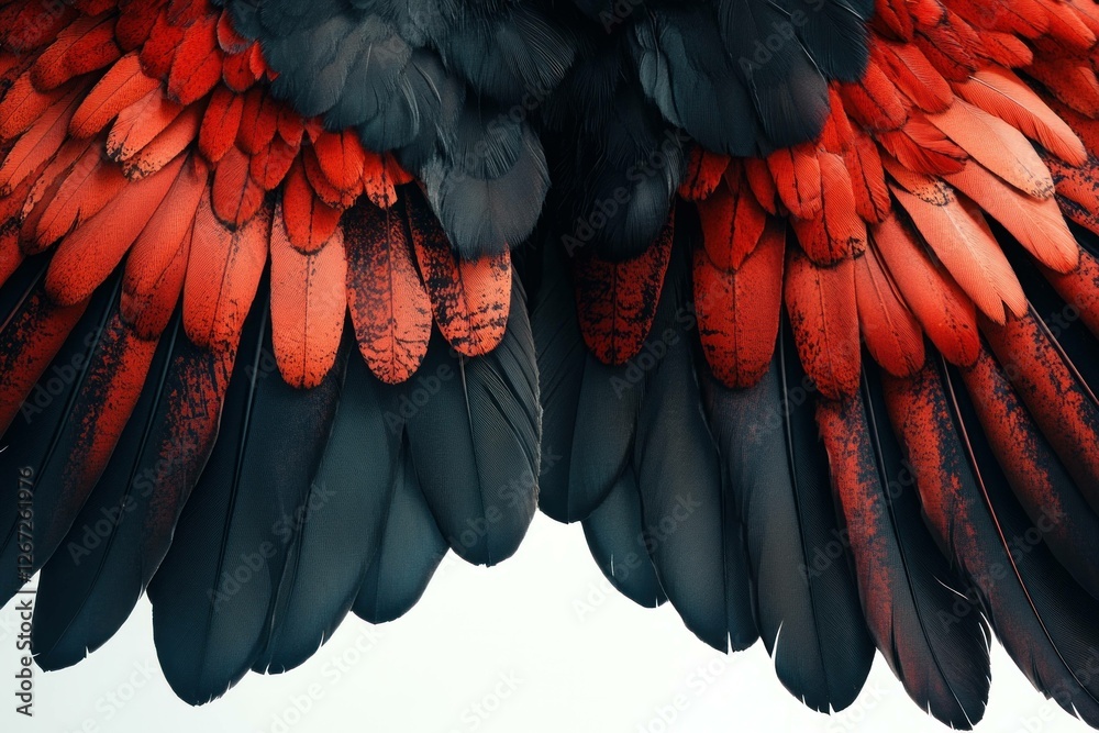 Obraz premium Vibrant red and black feathers creating a stunning abstract background, symbolizing beauty and nature s elegance Ideal for creative projects and themes around freedom