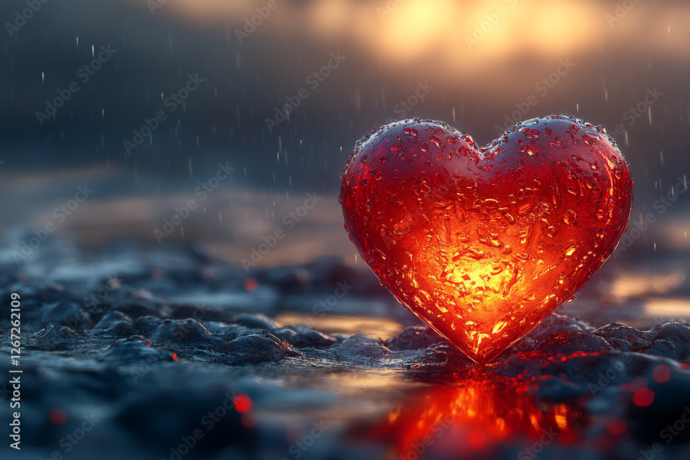Fototapeta premium Heart's Resilience, Love Shines Through a Rainy Dusk Landscape Scene