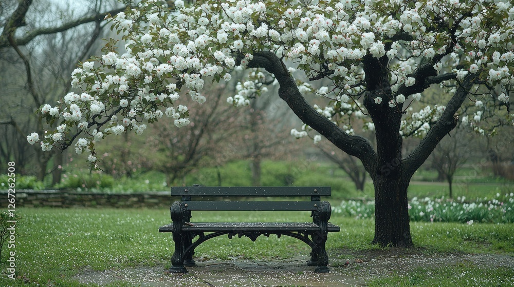 Empty bench under blooming cherry tree in rainy spring park Empty bench under blooming cherry tree in rainy spring park