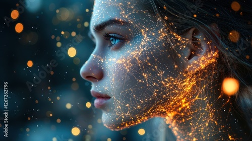 Woman's face, glowing particles, night bokeh, digital art, fantasy portrait