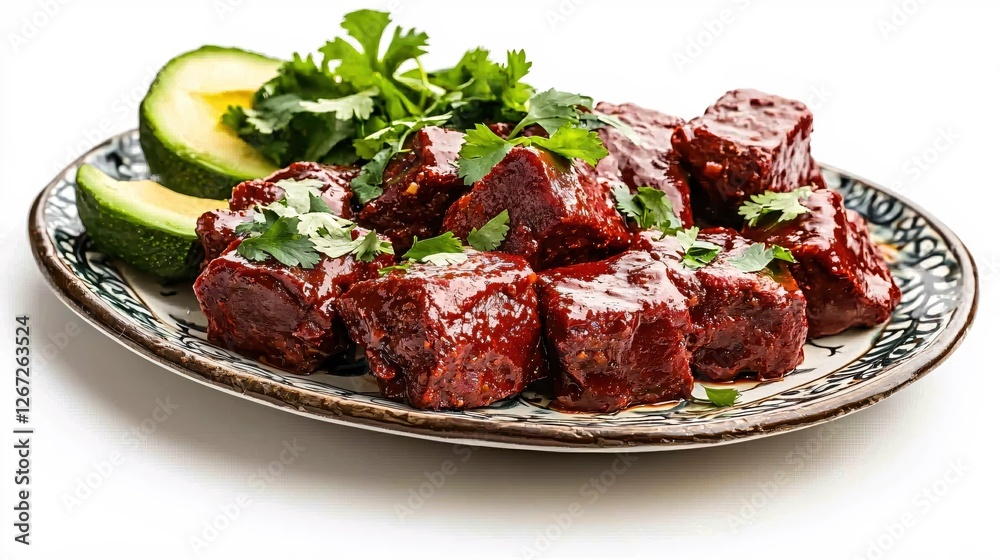 Delicious braised beef cubes with avocado and fresh cilantro on a decorative plate Delicious braised beef cubes with avocado and fresh cilantro on a decorative plate