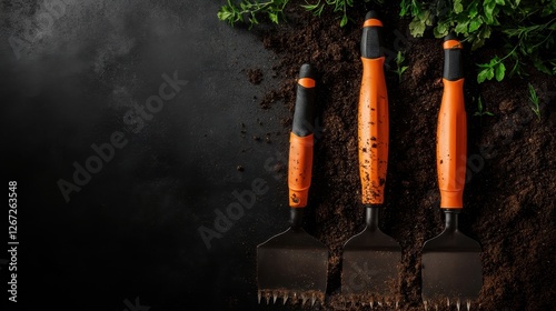 A visually appealing arrangement of three essential gardening tools with orange handles placed atop dark soil, emphasizing their functionality and design. photo