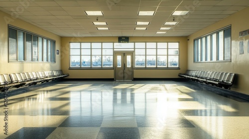 empty airport waiting area with sunlight streaming through windo photo