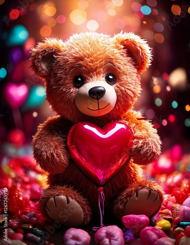 Cute teddy bear holding a heart balloon with colorful bokeh lights.