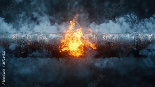 A fierce fire engulfs a pipe amidst smoke in a dimly lit factory, representing the struggle and intensity of industrial work, inviting concern and a sense of urgency. photo