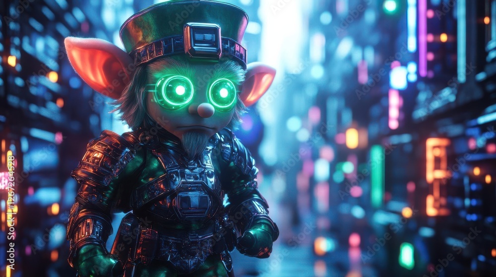 Visualize a neon-eyed leprechaun, armored, standing in futuristic digital city Visualize a neon-eyed leprechaun, armored, standing in futuristic digital city