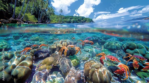 Vibrant underwater scene showcasing colorful crabs among coral reefs in a tropical paradise