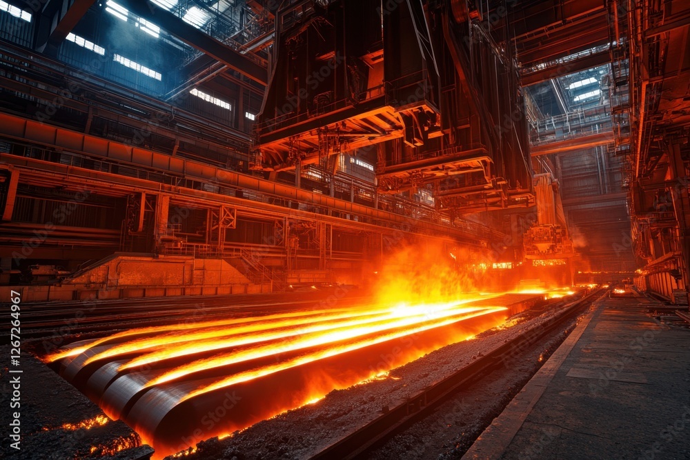 Fototapeta premium Bridge crane operating in a steel mill molten metal processing industrial environment dynamic viewpoint heavy machinery concept with cranes
