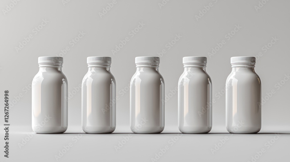 Five white bottles on a light gray background, product packaging mockup Five white bottles on a light gray background, product packaging mockup