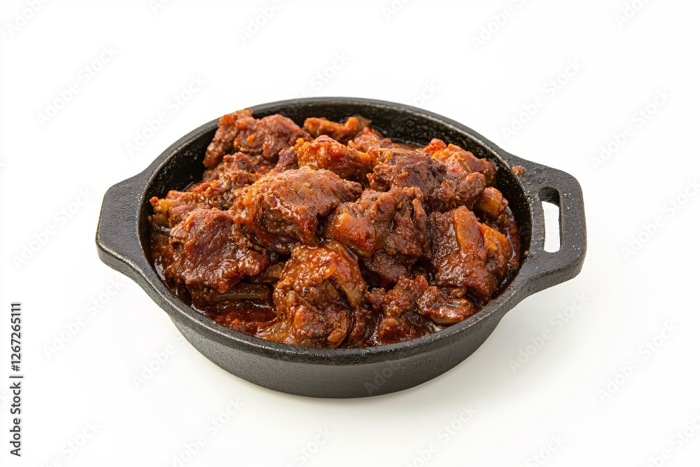 Delicious braised beef in black cast iron skillet on white background studio shot Delicious braised beef in black cast iron skillet on white background studio shot