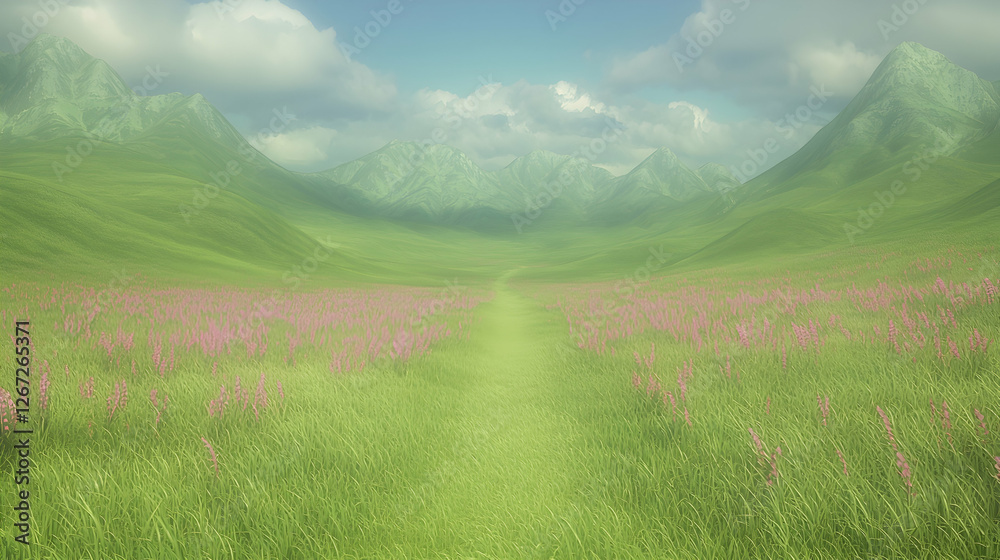 Fototapeta premium Serene path through flowering meadow, mountains backdrop; idyllic nature scene