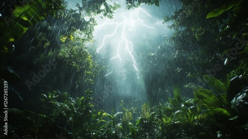 Dramatic lightning illuminates dense forest during a heavy rainstorm at dusk