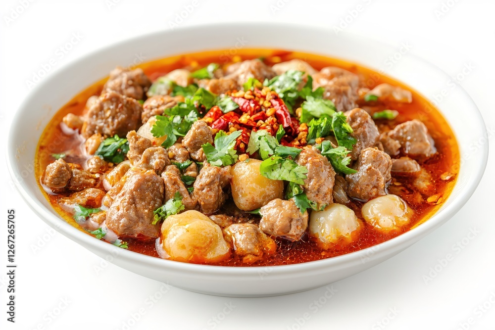 Delicious Chinese Water Boiled Beef Dish with Chili Peppers and Cilantro in a White Bowl Delicious Chinese Water Boiled Beef Dish with Chili Peppers and Cilantro in a White Bowl