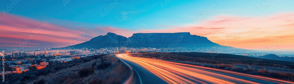 Obraz premium Captivating Sunset over Table Mountain with City Lights and Vibrant Sky in Cape Town, South Africa