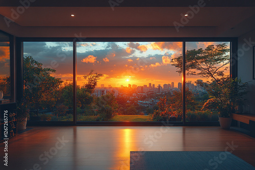 Panoramic vista of a city sunset from a modern, tranquil interior