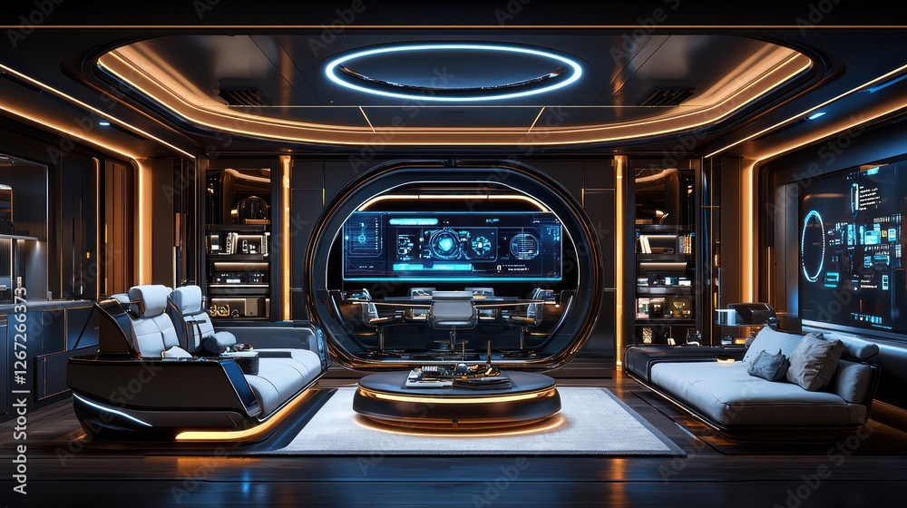 Obraz premium Futuristic living room, spaceship interior, night, screens, relaxation
