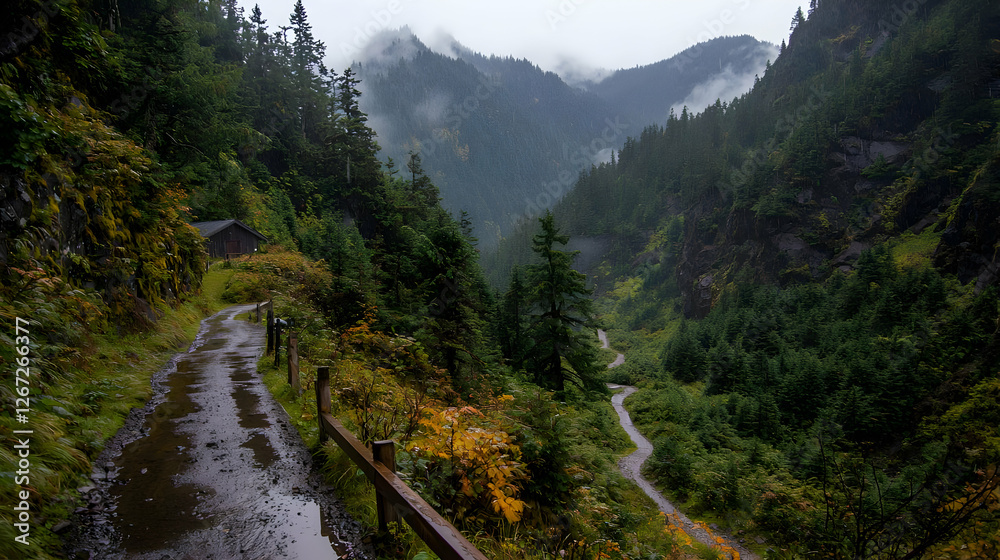 Fototapeta premium Rainy mountain trail, lush valley, misty peaks, hiking path