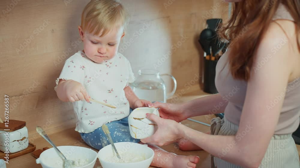 Child joyfully helps parent in kitchen with cooking activities Child joyfully helps parent in kitchen with cooking activities