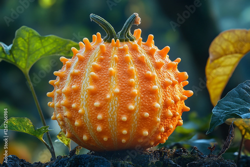 A Miniature Sunburst, Ornamental Gourd in a Verdant Setting