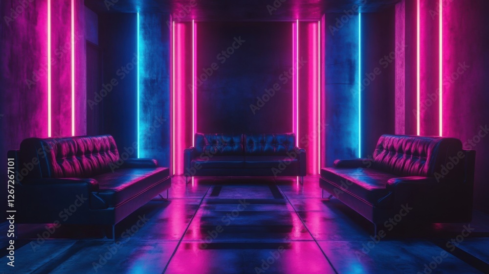 neon retro lounge scene with leather sofas neon retro lounge scene with leather sofas