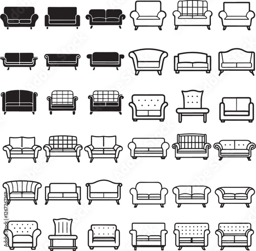 line art vector sofa illustration design icon set
