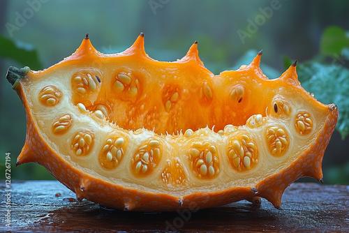 Exotic Kiwano, Spiky Orange Fruit Slice Showcasing Interior Texture
