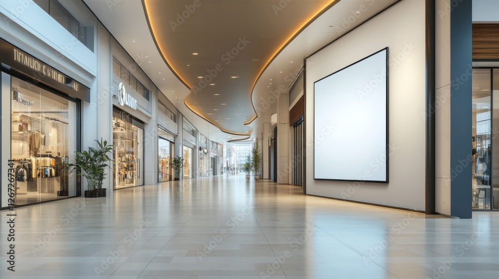 Modern Shopping Mall Interior With Empty Hallway And Blank Billboard Modern Shopping Mall Interior With Empty Hallway And Blank Billboard