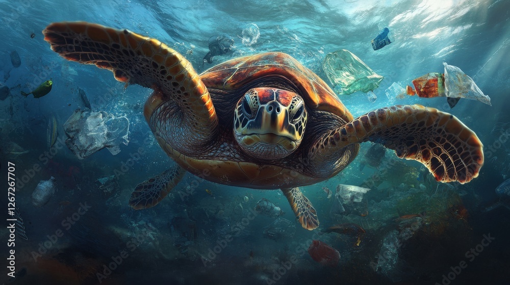 Obraz premium A turtle trapped in plastic waste in the ocean, emotional and impactful,