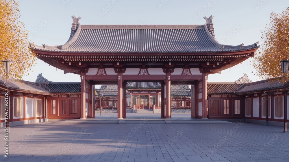 Eastern Asian temple gate entrance, morning light, courtyard Eastern Asian temple gate entrance, morning light, courtyard